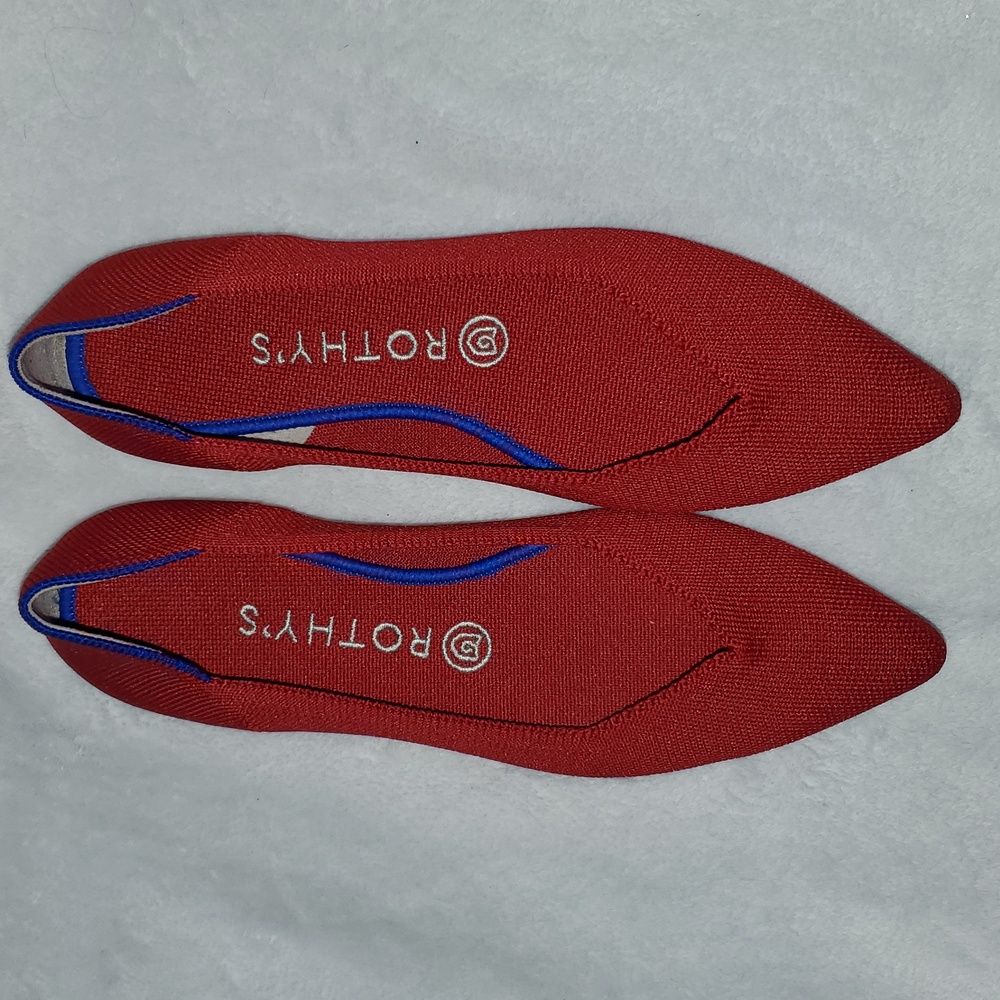 Rothy's Red Pointed Toe Flats with Blue Trim